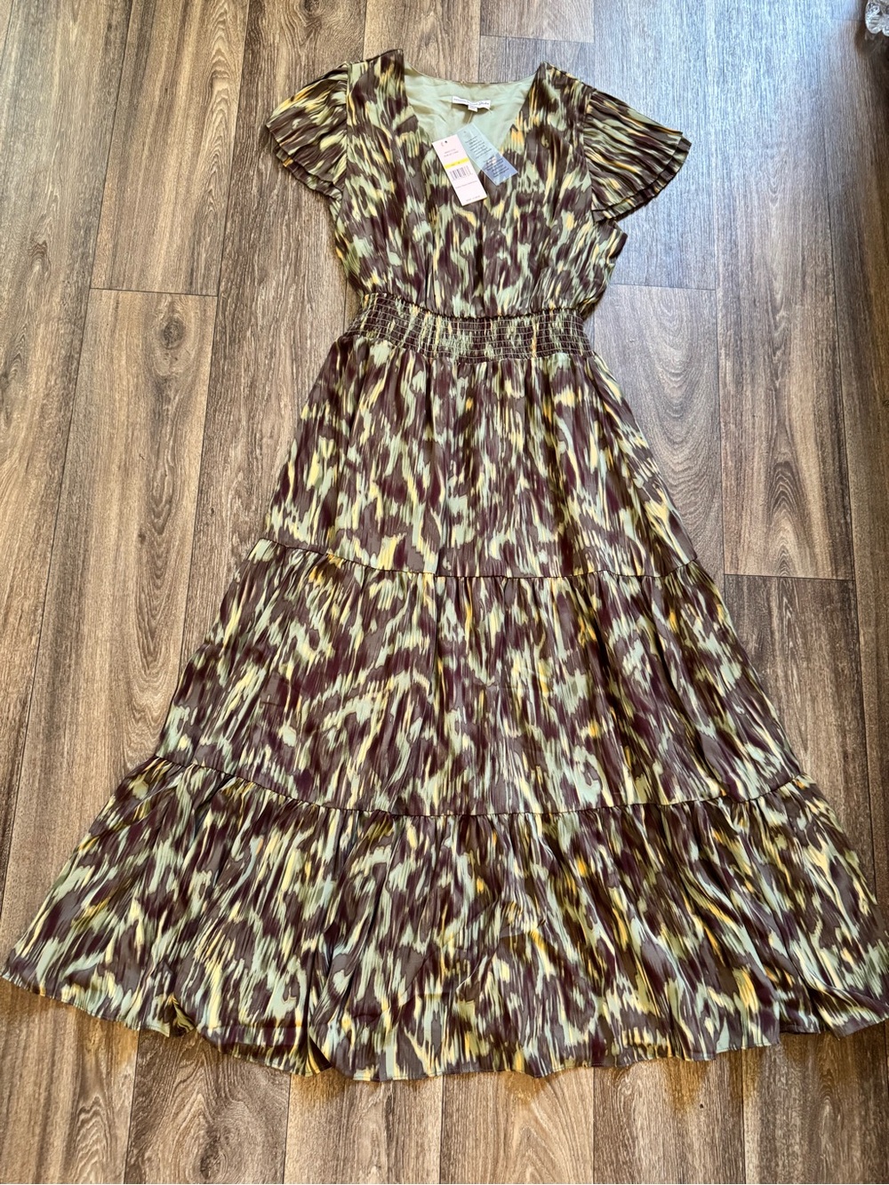 Nanette Lepore Olive, Brown & Yellow Tiered V‑Neck Maxi Dress